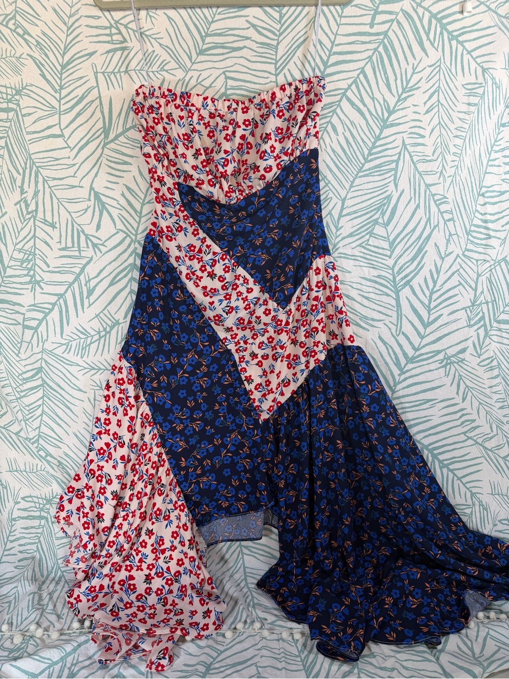 Lulu's Patchwork Floral Asymmetrical Maxi Dress in Navy, White, and Red